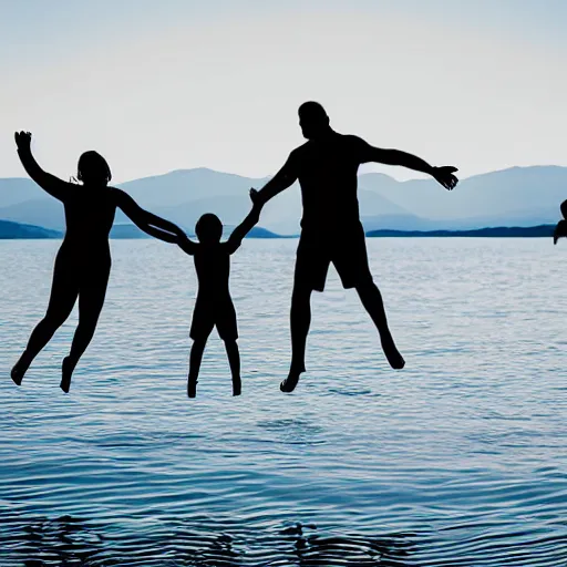 Image similar to family jumping off a dock into lake silhouette