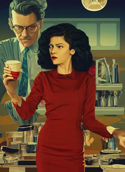 Prompt: poster artwork by Michael Whelan, Bob Larkin and Tomer Hanuka, Karol Bak of Zendaya working at the diner in RR diner waitress dress, from scene from Twin Peaks, simple illustration, domestic, nostalgic, from scene from Twin Peaks, clean