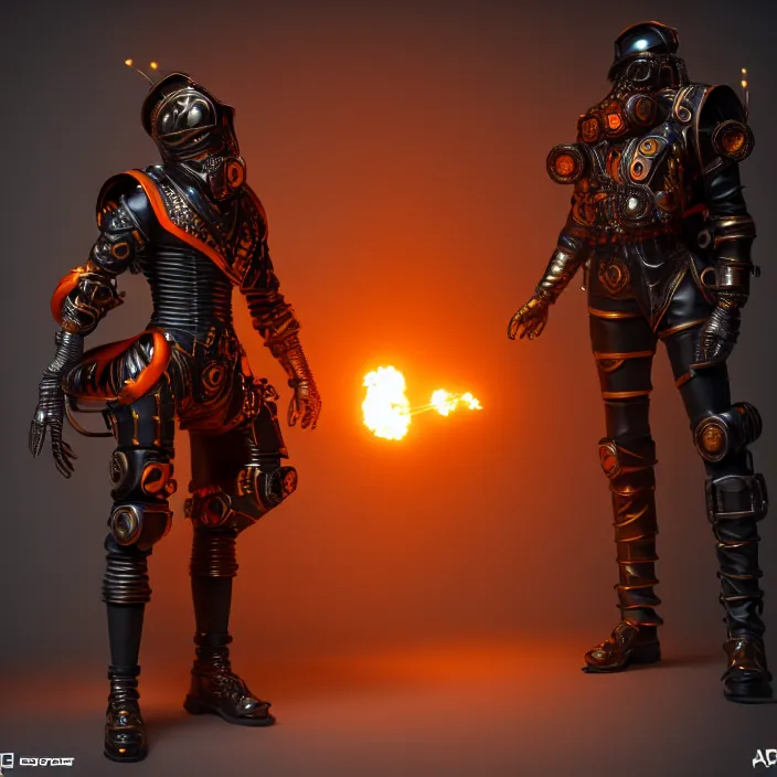 Prompt: a character in a futuristic room, black and orange steampunk armor, highly detailed, render, vray, octane, realistic lighting