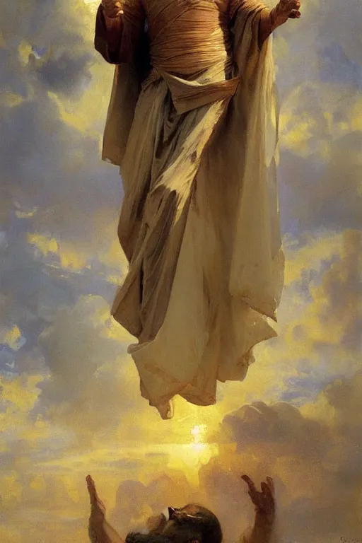 Prompt: beautiful oil painting portrait of ancient roman god emperor steve buscemi floating in the air wearing the civic crown levitating and ascending in a religious pose, ascension, art by anders zorn, wonderful masterpiece by greg rutkowski, expressive brush strokes, beautiful cinematic light, american romanticism by greg manchess, jessica rossier