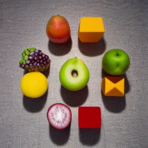 Prompt: cubes of different fruits arranged in a larger three by three cube studio lighting