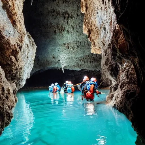 Image similar to photo of spelunkers in caving gear exploring a beautiful majestic cave full of geodes, crystals, and gemstones. there is a natural river of turquoise water. professional journalistic photography from national geographic.