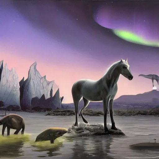 Image similar to horse grayhound dolphin, foreground, carnivorous, sleek ::0.1 blasted wasteland of brutalist ruins ::0.1 bleak spiral aurora overhead ::0.2 naturalist painting of the last of its kind, by Beszinski, Barlowe, Audobon, and Ansel Adams