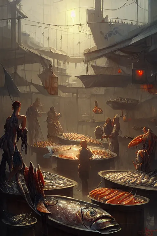 Prompt: fish market by bayard wu, anna podedworna, greg rutkowski, giger, maxim verehin