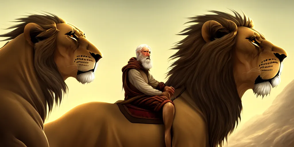 Image similar to hooded wise old man ( long white beard wearing a brown tunic ), riding majestically, on a beautiful lions back, epic digital art, cinematic, trending on artstation, superb detail 8 k, wide - angle, masterpiece