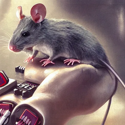 Image similar to a rat cyborg playing with a tb-303 synthesizer, by ruan jia