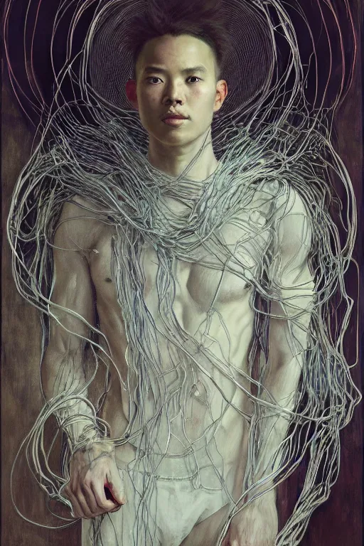 Prompt: hyperrealist portrait of elijah zu bailey, it is decorated with long wires that fall like vines and wears small computers over their body. by jeremy mann and alphonse mucha, fantasy art, photo realistic, dynamic lighting, artstation, poster, volumetric lighting, very detailed faces, 4 k, award winning