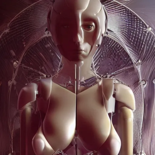 Prompt: photographic stil of beautiful model, a human robot woman, beautiful artificial body with artificial bones and artificial flesh, cables, tubes, westworld style, medium - shot, insanely detailed, photorealistic, beautiful soft light, octane render, by annie leibowtiz