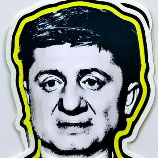 Image similar to volodymyr oleksandrovych zelensky president of ukraine. face like in his photographs. intricate sticker design by andy warhol