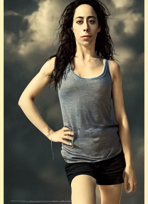 Image similar to full length photo of Oona Chaplin with a face of pain in a tanktop in the style of stefan kostic, not realistic, sharp focus, 8k high definition, insanely detailed, intricate, elegant, art by stanley lau and artgerm