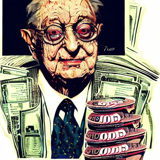 Image similar to George Soros full body shot, dollar bills Body horror, biopunk, by Ralph Steadman, Francis Bacon, Hunter S Thompson