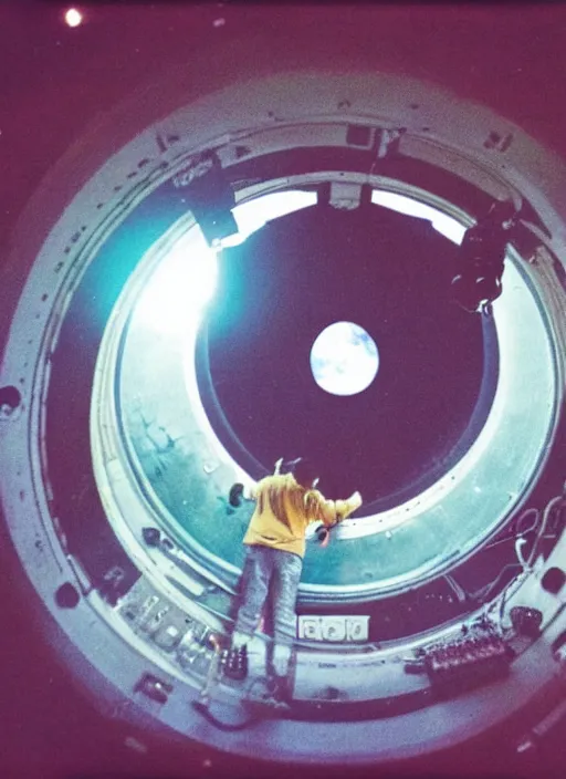 Prompt: a analogue photo of an African tribal dj performing on spaceship, view of planet earth seen from porthole, wide angle, grungy