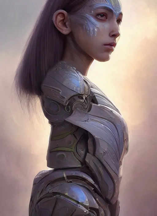 Image similar to a professional painting of a beautiful young female alien, clothed in ethereal armor, olive skin, long dark hair, beautiful bone structure, symmetrical facial features, intricate, elegant, digital painting, concept art, smooth, sharp focus, illustration, from Valerian and the City of a Thousand Planets, by Ruan Jia and Mandy Jurgens and Artgerm and William-Adolphe Bouguerea