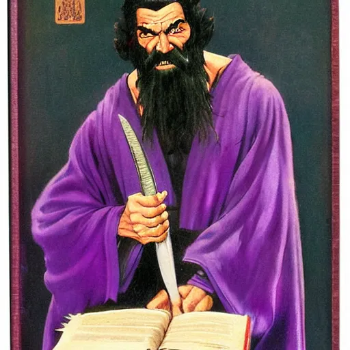 Prompt: wizard with a long white beard in a dark purple robe holding a katana book cover by frank frazetta