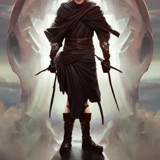 Prompt: character concept, wide angle, full body, symmetrical head - on centralized, young man with dark ninja clothes. detailed, high quality, dynamic lightning, fantasy, scenematic. artwork by artgerm, wlop, alex ross, greg rutknowski, alphonse mucha