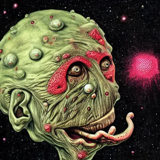 Prompt: measles on a deformed hideous pustule covered monkey, sores, bumps, skin wounds, surface hives, growths, horror, fantasy, highly detailed, by Dan Hillier, ooze, slime, in background nebula of bacteriophages