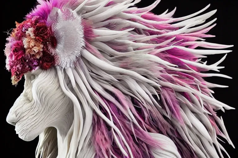 Prompt: vivid sculpture of a man covered in long fur, flowers, long patterned feathers. intricate. gradient colors. empty white space exposition. by ueda akishi, beth cavener, ellen jewett, rogers.