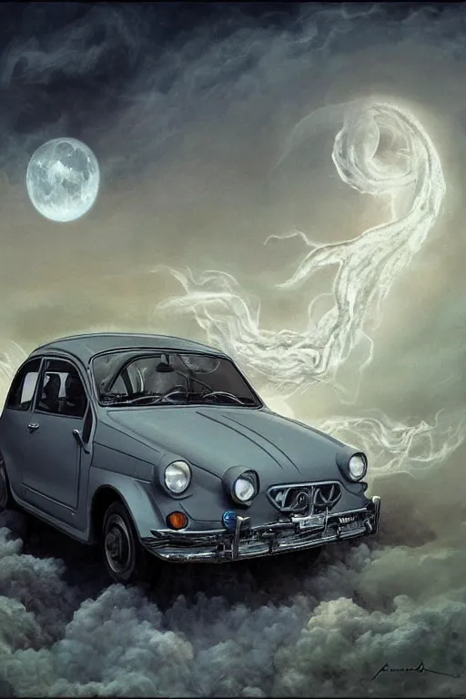 Image similar to Intricate stunning highly detailed FIAT 600 White from the 60s by agostino arrivabene and Vladimir Kush, surreal, digital painting, ultra realistic, Horror vacui, dramatic lighting, full moon, thick black swirling smoke tornado, burning fire embers, artstation