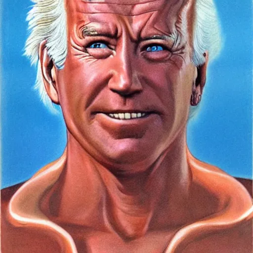 Prompt: boris vallejo portrait of joe biden wearing monokini in the movie zardoz