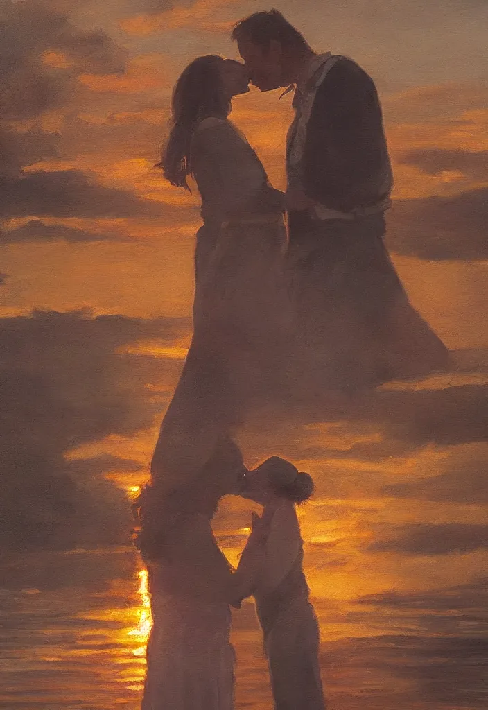 Image similar to a still from bridgerton, anthony kissing kate, sunset, golden hour, very detailed painting