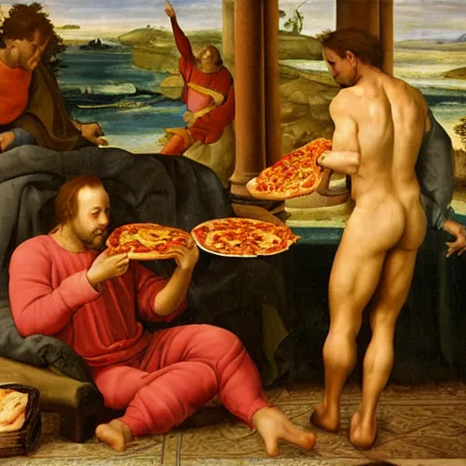 Prompt: a renaissance painting of a man eating pizza on the couch in his pajamas