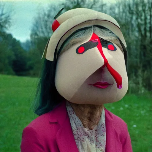 Image similar to middle-agedwoman wearing an inflatable nose, with extra eyeballs, in the countryside 1979 arthouse film, archival footage, technicolor film expired film