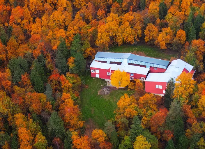 Prompt: low drone shot of a ranch style School in the middle of the Woods during autumn