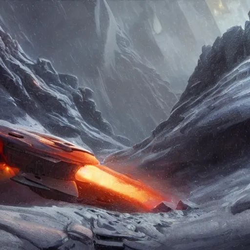 Prompt: a crashed starship burning in a blizzardy mountain scenery, Matte painting , detailed painting, greg rutkowski