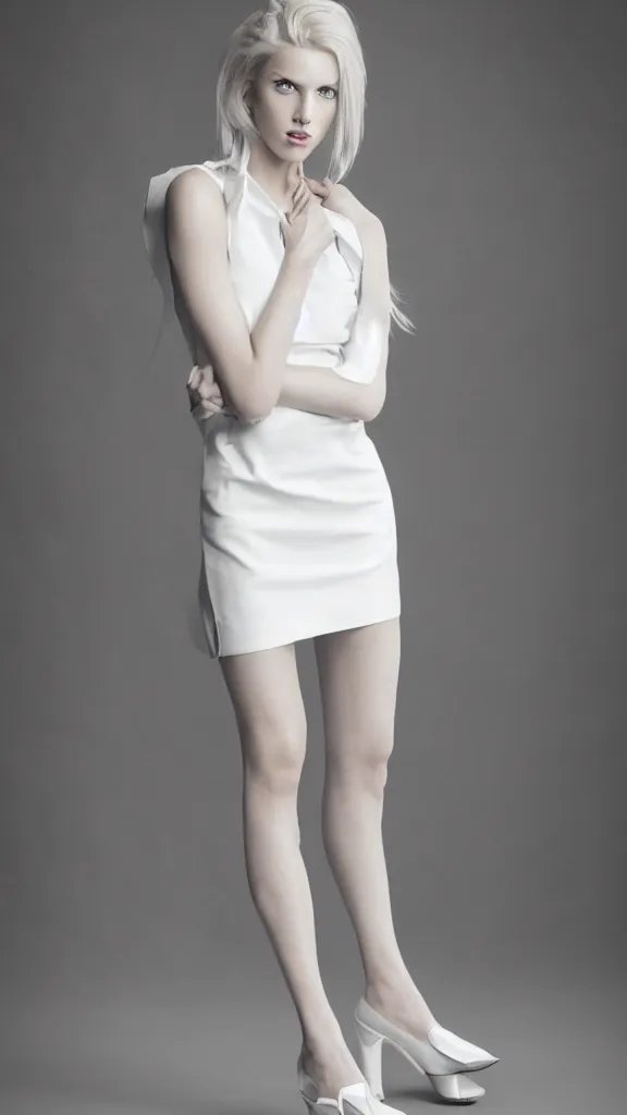 Prompt: very very beautiful studio photo of emily skinner, looking like annie leonhart, very beautiful slim legs, rich leather heels and white short dress, in a white room, beautiful eyes, pale skin, very very very very beautiful!!, hard focus, sexy dominant pose, full body shot, 9 0 mm, f / 1. 4, photo by david roemer
