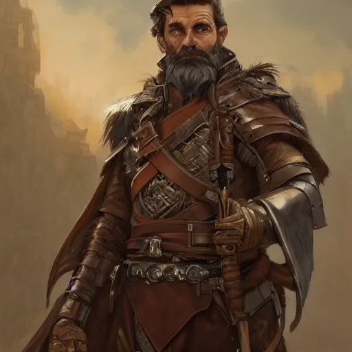 Prompt: portrait of a ruggedly handsome wizard soldier with short brown hair and beard wearing a leather armor and a cape, fantasy, highly detailed, digital painting, artstation, concept art, character art, art by greg rutkowski and tyler jacobson and alphonse mucha