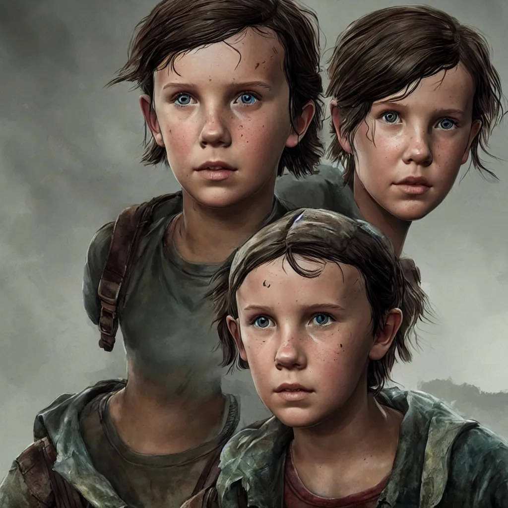 Prompt: millie bobby brown as ellie from the last of us 2, character concept art, hyperrealistic, detailed, accurate illustration, dramatic lighting