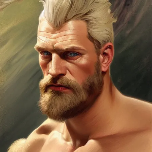 Prompt: painted portrait of rugged beavis, god of thunder, greek god, white hair, masculine, mature, handsome, upper body, red and gold, muscular, hairy torso, fantasy, intricate, elegant, highly detailed, digital painting, artstation, concept art, smooth, sharp focus, illustration, art by gaston bussiere and alphonse mucha