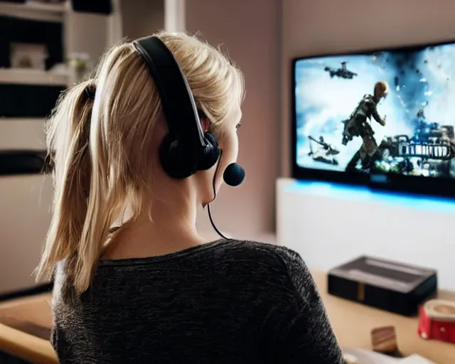 Image similar to view from behind of a cute beautiful blonde woman wearing headset playing game, watching television displaying call of duty, intricate detail, cinematic composition