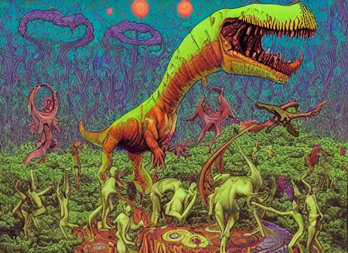 Prompt: psychedelic art of a dinosaur funeral, in the style of michael whelan and james gurney and wayne barlowe
