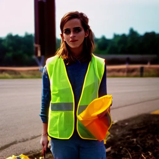 Image similar to photo, close up, emma watson in a hi vis vest picking up trash on the side of the interstate, portrait, kodak gold 2 0 0,