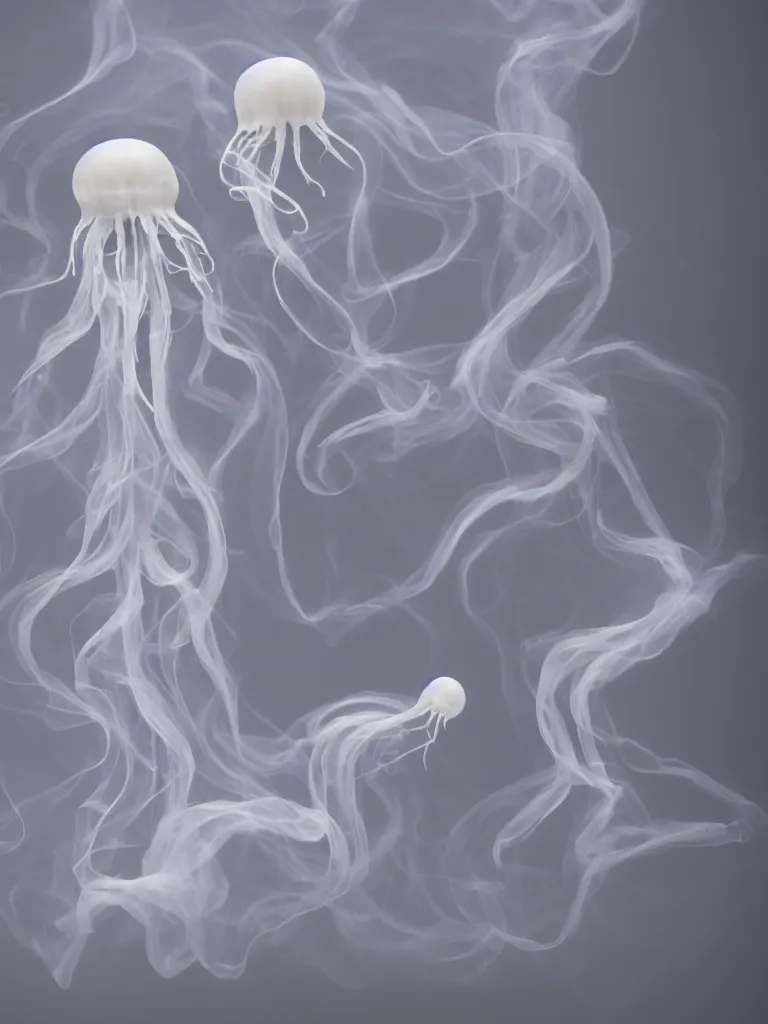 Image similar to cute fumo plush beautiful ectoplasmic gothic skeletal jellyfish ghost twins, glowing milky wisps of hazy smoke and volumetric fog, lens flare, subsurface scattering, vignette, asymmetry, bokeh, refraction, vray