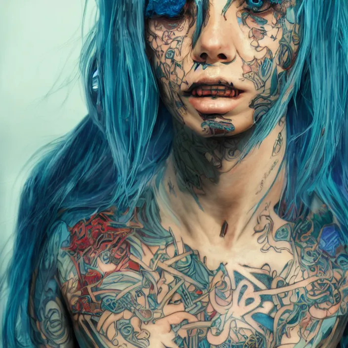 Prompt: portrait of alternative model with tattoos and blue hair. intricate abstract. intricate artwork. by Tooth Wu, wlop, beeple, dan mumford. octane render, trending on artstation, greg rutkowski very coherent symmetrical artwork. cinematic, hyper realism, high detail, octane render, 8k, iridescent accents