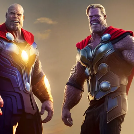 Prompt: a corporate portrait of thanos and thor