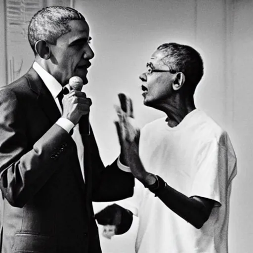 Image similar to Barack Obama having a rap battle against Ghandi, historical photo, 1962