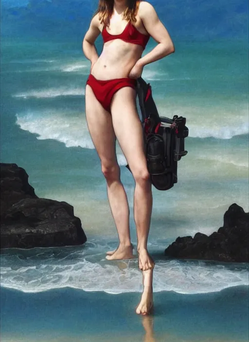 Image similar to portrait emma watson as sea lifeguard on the beach, full length shot, shining, 8k highly detailed, sharp focus, illustration, art by artgerm, mucha, bouguereau