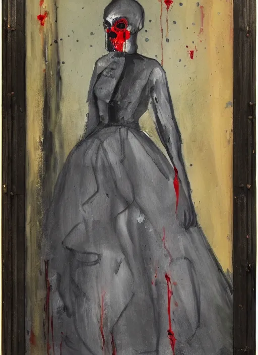 Image similar to a painting of AnnaSophia Robb, frozen cold stare, blood red background and transparent gray dress, crows as a symbol of death, in style of Chaim Soutine and Edward Hopper