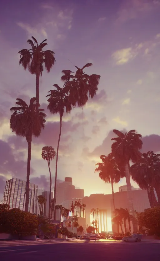 Image similar to a unreal engine scene, los angeles, palms, sunset, concept art, hyperrealistic, trending on artstation, high quality, highly detailed, path traced, soft lighting, soft colors, digital art, 8 k hdr, octane render, unreal engine 5,