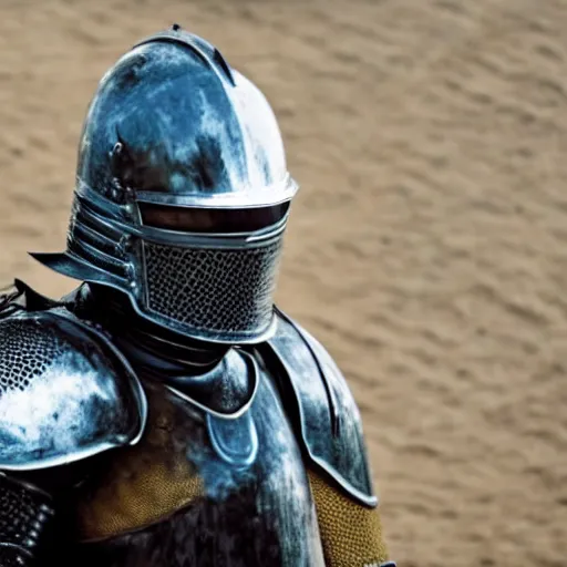 Image similar to close - up of an armoured knight in a movie directed by christopher nolan, movie still frame, promotional image, imax 7 0 mm footage