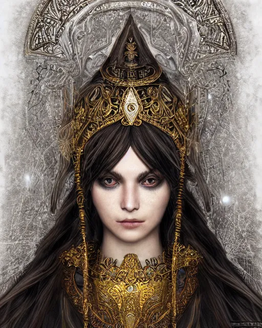 Prompt: highly detailed sharp photorealistic portrait of a beautiful female priestess with shimmering hair, symmetrical face and eyes, dressed in intricate silk, lined with golden glowing georgian words, cgsociety, Elden Ring, Dark Souls, Bloodborne