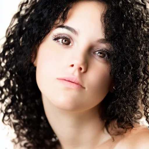 Image similar to portrait of a young lady with curly black hair with, round face, big brown eyes, volumetric lighting,