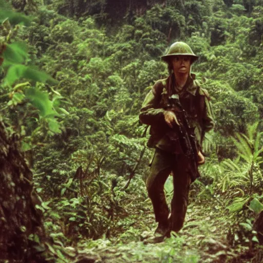 Prompt: film still, portrait, emma watson soldier hiking through dense vietnam, associated press, paparazzi, award winning, film still from apocalypse now ( 1 9 7 9 ), 2 6 mm, kodak ektachrome, blue tint ektachrome film,