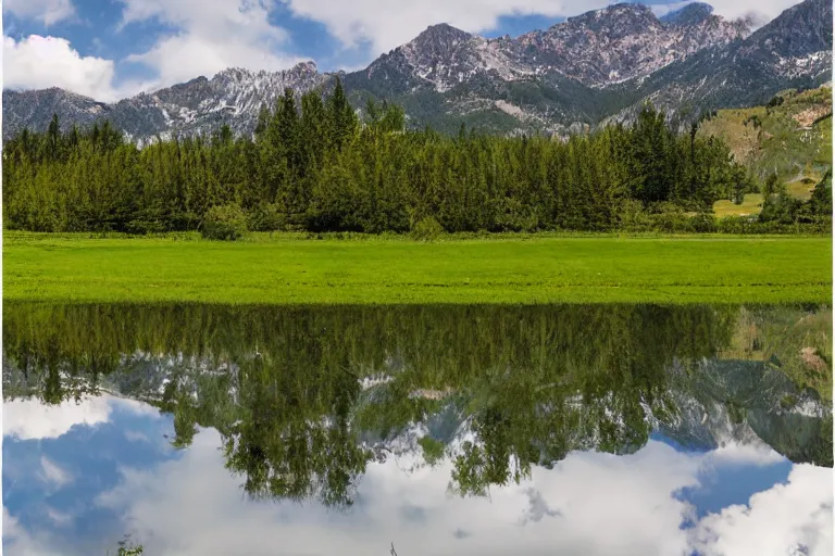 Prompt: film color photography, small mirror reflected clouds, long view of green lawn, no focus, mountains in distance, 35mm