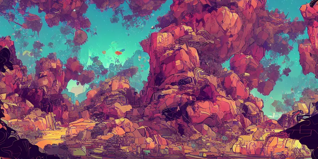 Prompt: generative digital art examples in the style of a video game illustration vivid color borderlands and by feng zhu and loish and laurie greasley, victo ngai, andreas rocha, john harris