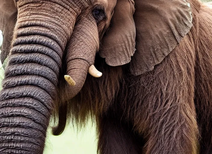 Image similar to extreme closeup of a very wooly brown hairy mammoth, elephant, mastodon, mammoth, detailed fur, zoo photography, National Geographic, HD,