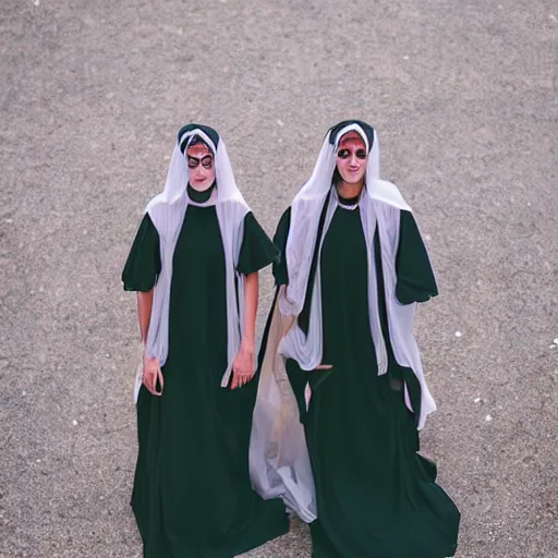 Image similar to photo of wearing pointed hats, translucent dresses, two freaky levitating twin nuns